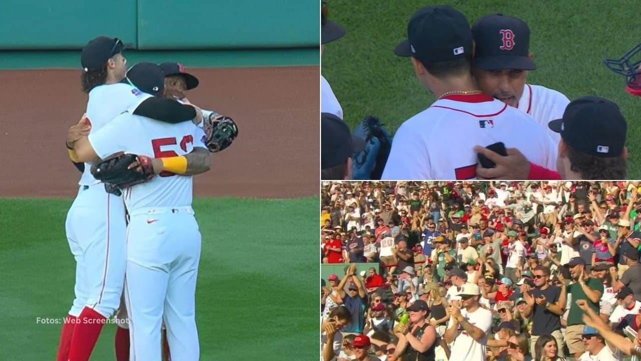 Jugadores de Boston Red Sox celebran victoria en el ultimo juego en Fenway Park