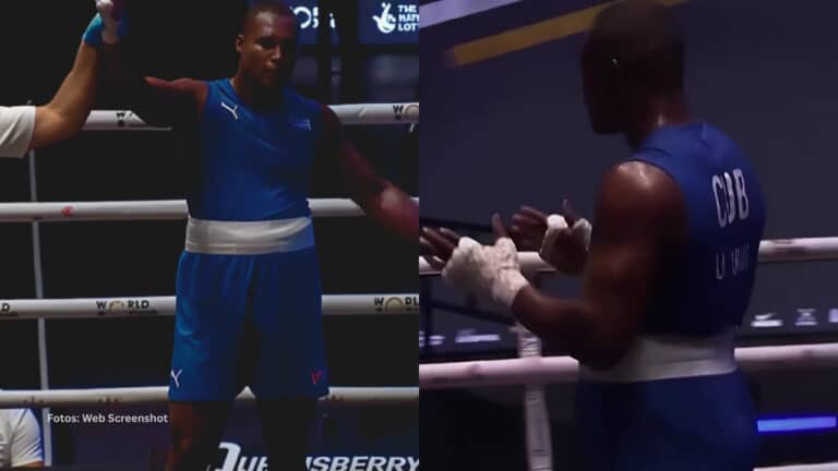 Julio Cesar La Cruz celebrando su segunda victoria en el campeonato mundial de boxeo