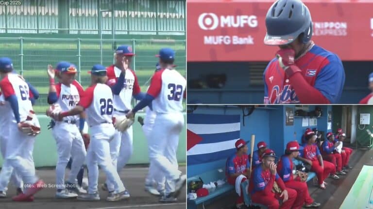 Jugadores de Puerto Rico celebran y jugadores del Equipo Cuba tristes