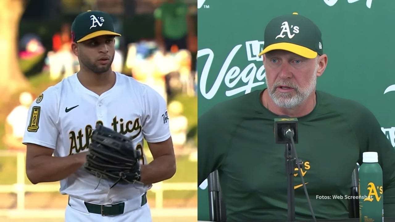 Cubano Luis Morales en un juego y el manager de Athletics Mark Kotsay