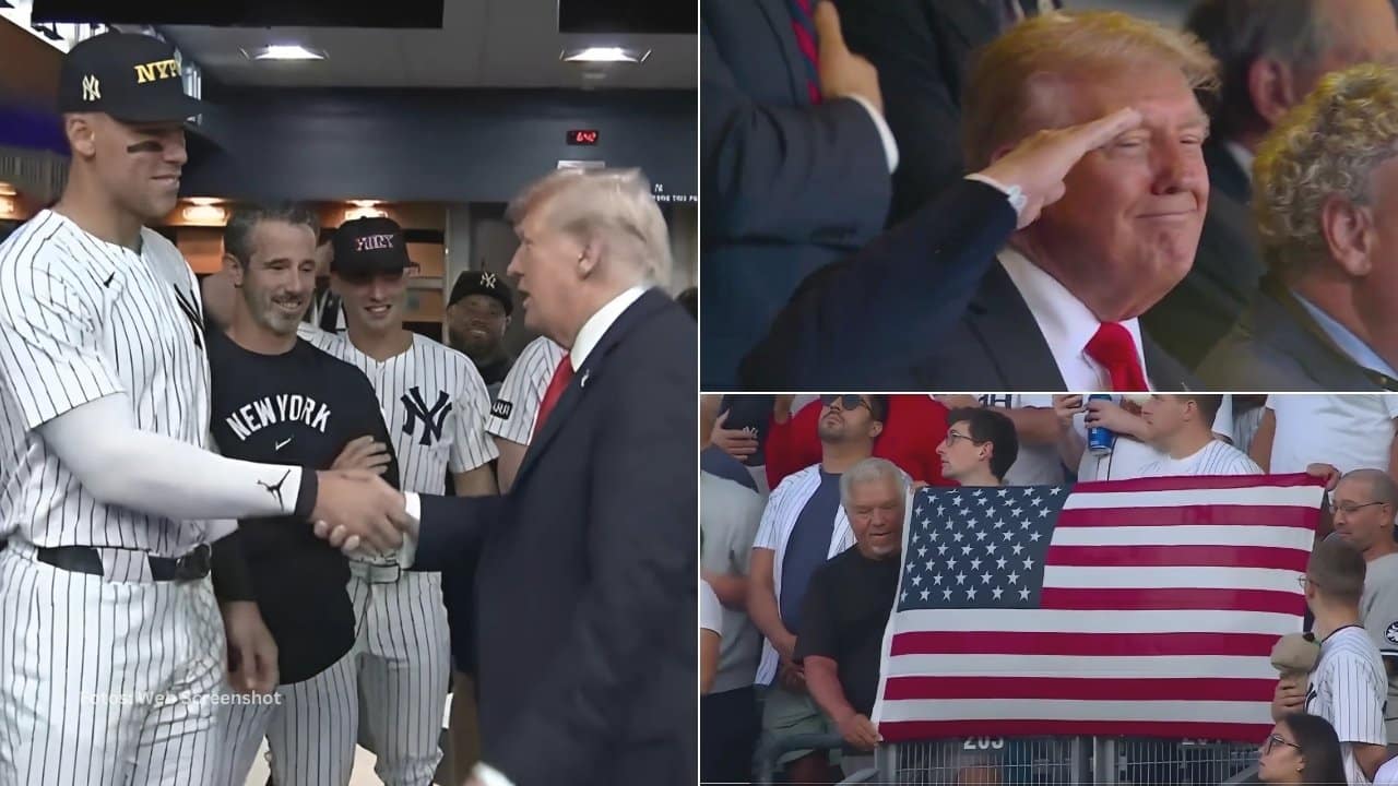 Donald Trump en el Yankee Stadium y saludando a Aaron Judge