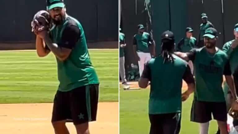Los dominicano Emmanuel Clase y Luis Ortiz trabajan juntos para jugar en la pelota invernal.