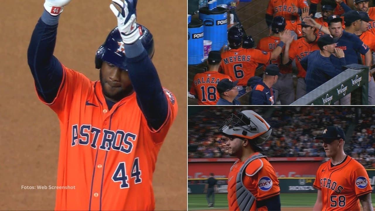 Yordan Alvarez y jugadores de Houston Astros celebrando la victoria