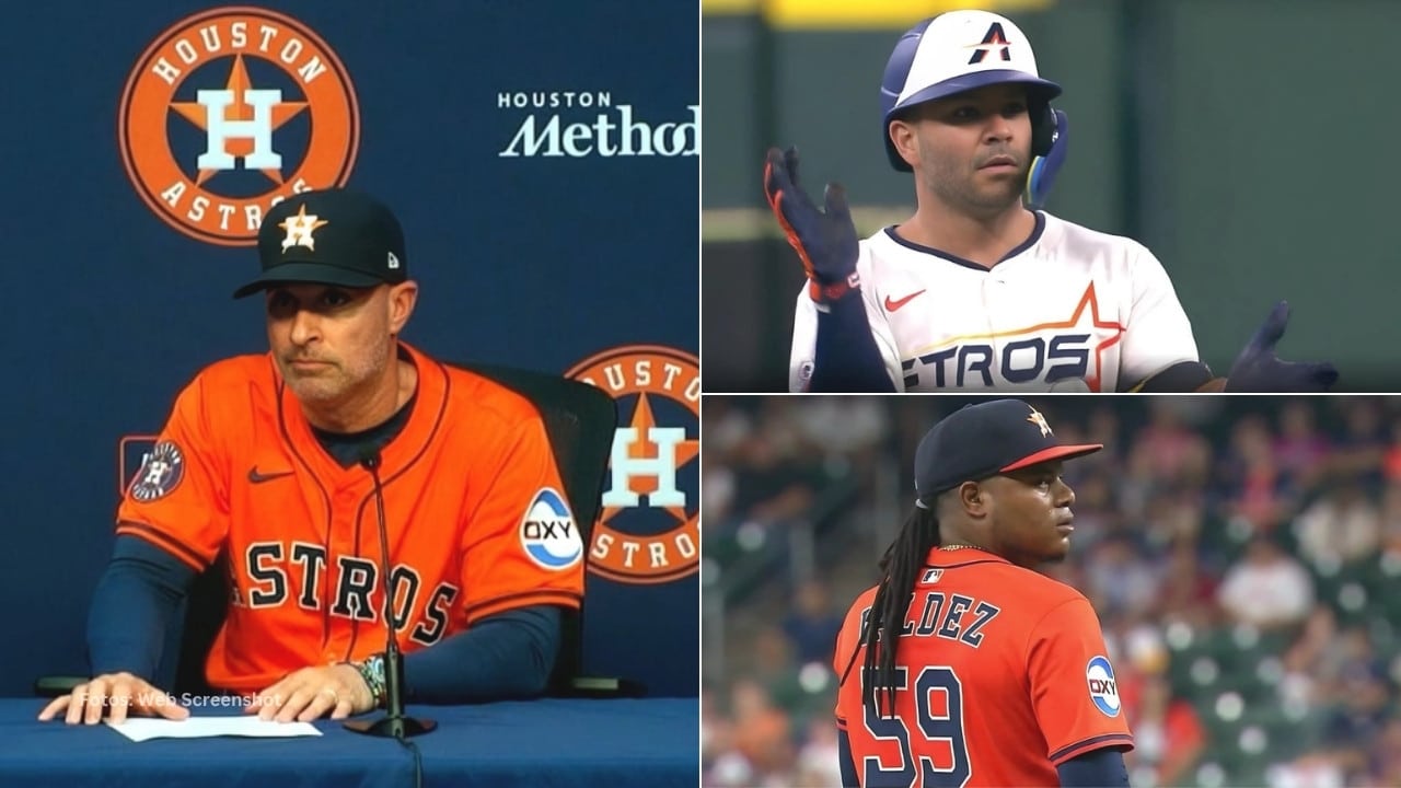 Joe Espada en una entrevista, Jose Altuve y Framber Valdez con Houston Astros