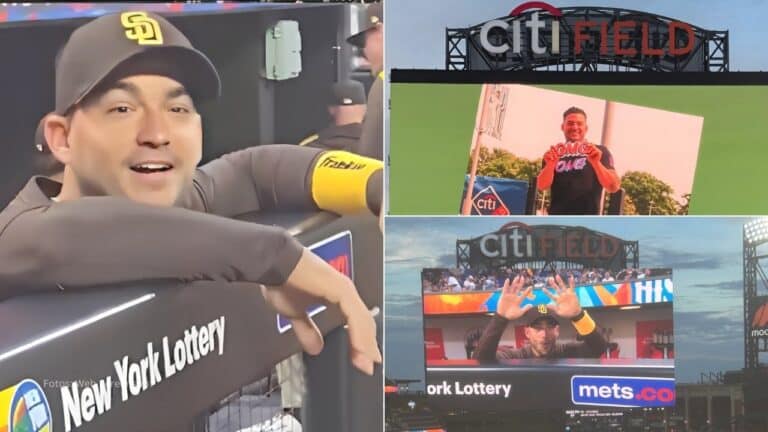 Jose Iglesias viendo el video proyectado en el Citi Field