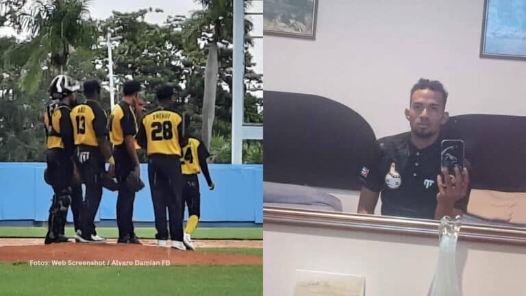 Jugadores junto al lanzador de Guantánamo en el beisbol cubano