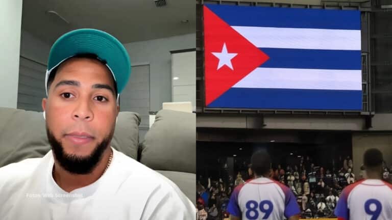 Leonys Martin en una entrevista y jugadores con el equipo Cuba