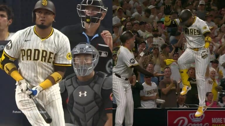 Luis Arráez bateando y celebrando un cuadrangular con San Diego Padres