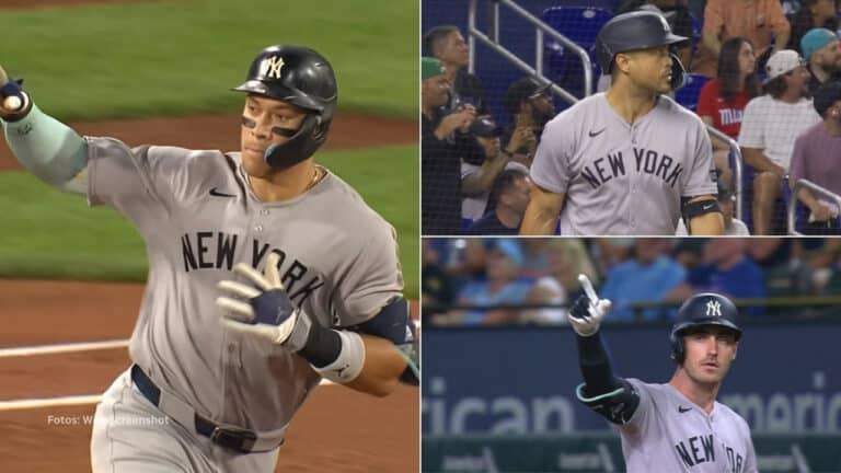 Aaron Judge, Giancarlo Stanton y Cody Bellinger con New York Yankees