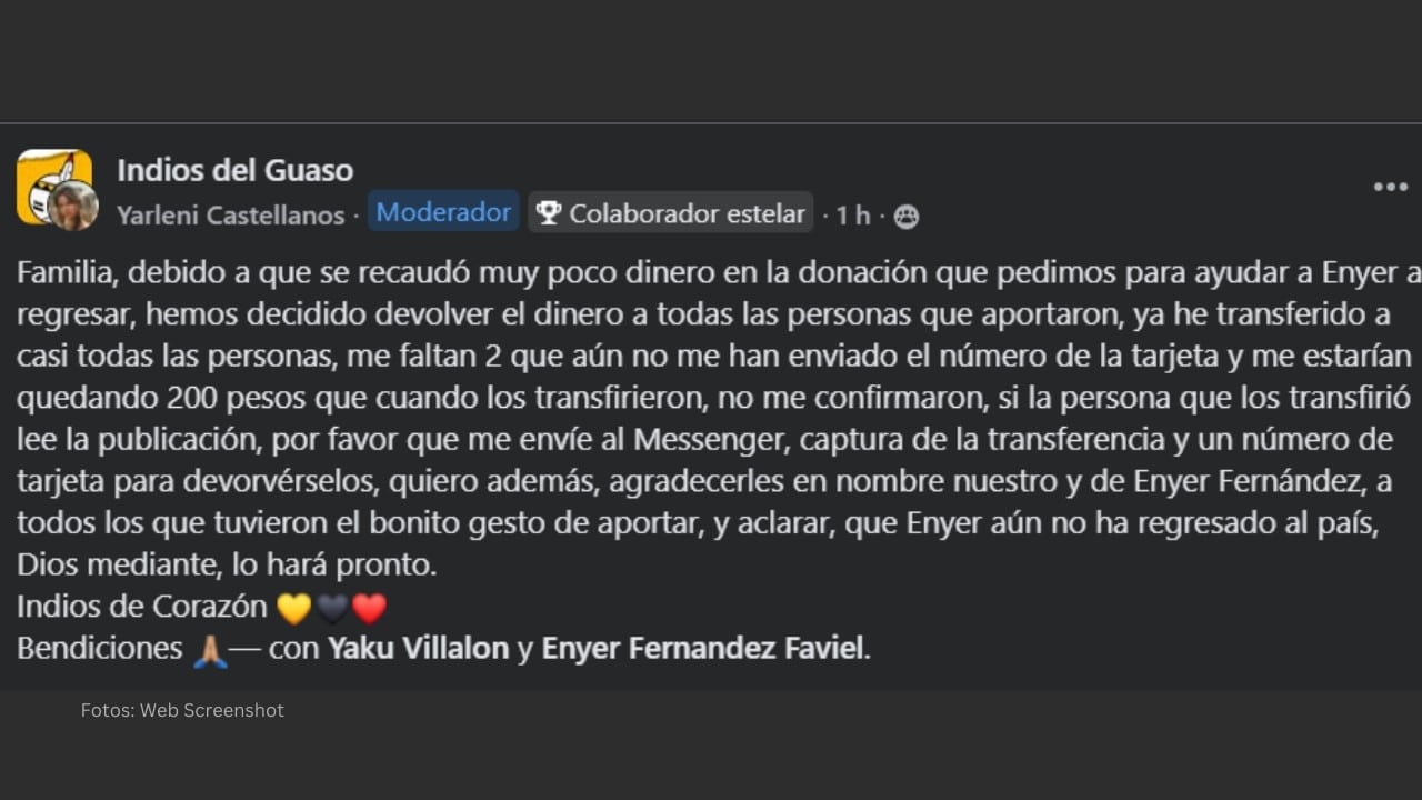 Publicación sobre la situación de la donación para el pelotero cubano Enyer Fernández