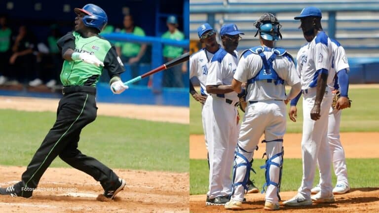 Bateador de Cienfuegos y jugadores de Industriales en la lomita. Serie Nacional Beisbol Cubano