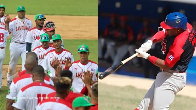 Equipo de Las Tunas celebra victoria, Yoelkis Guibert bateando . Beisbol cubano