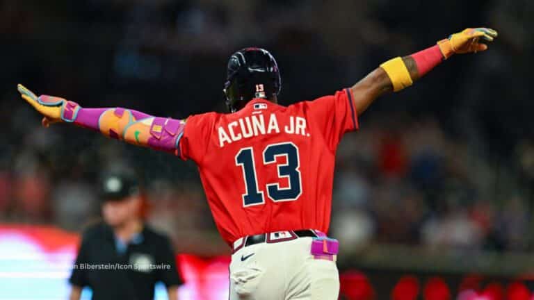 El grandesligas Ronald Acuña Jr encara un cierre de temporada donde busca seguir sumando logros personales en su palmarés. Photo: Rich von Biberstein/Icon Sportswire