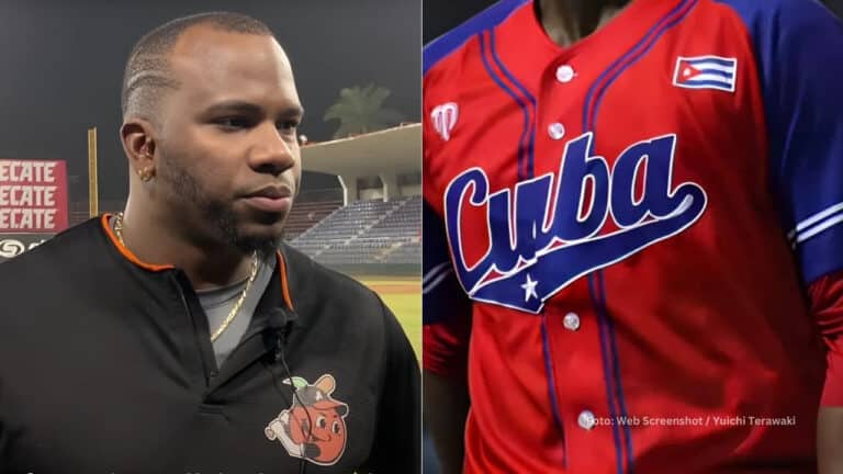 Rusney Castillo en una entrevista y la camisa del Equipo Cuba