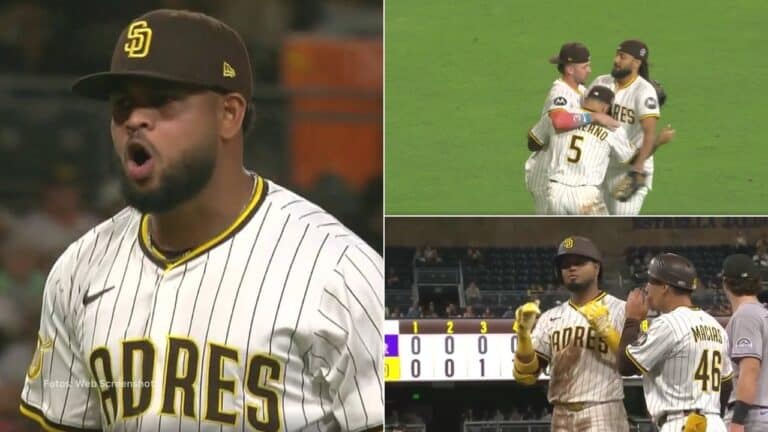 Randy Vásquez, Luis Arráez y jugadores de San Diego Padres celebran la victoria ante Colorado