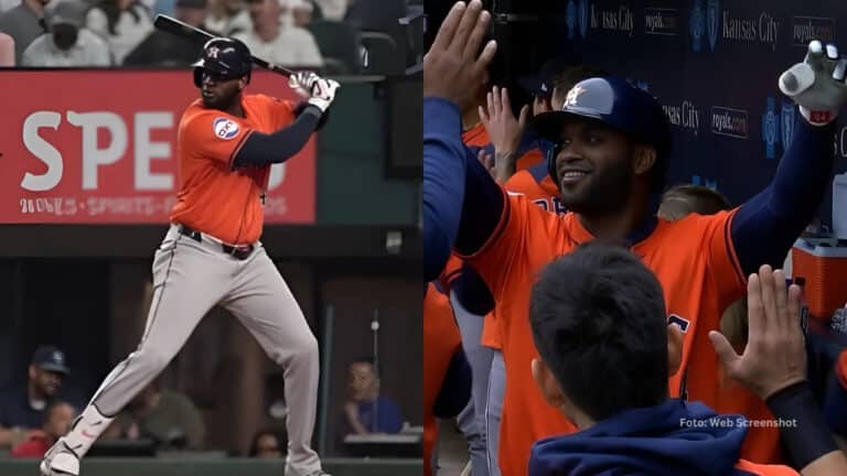 Yordan Alvarez bateando y celebrando una anotada con Houston Astros