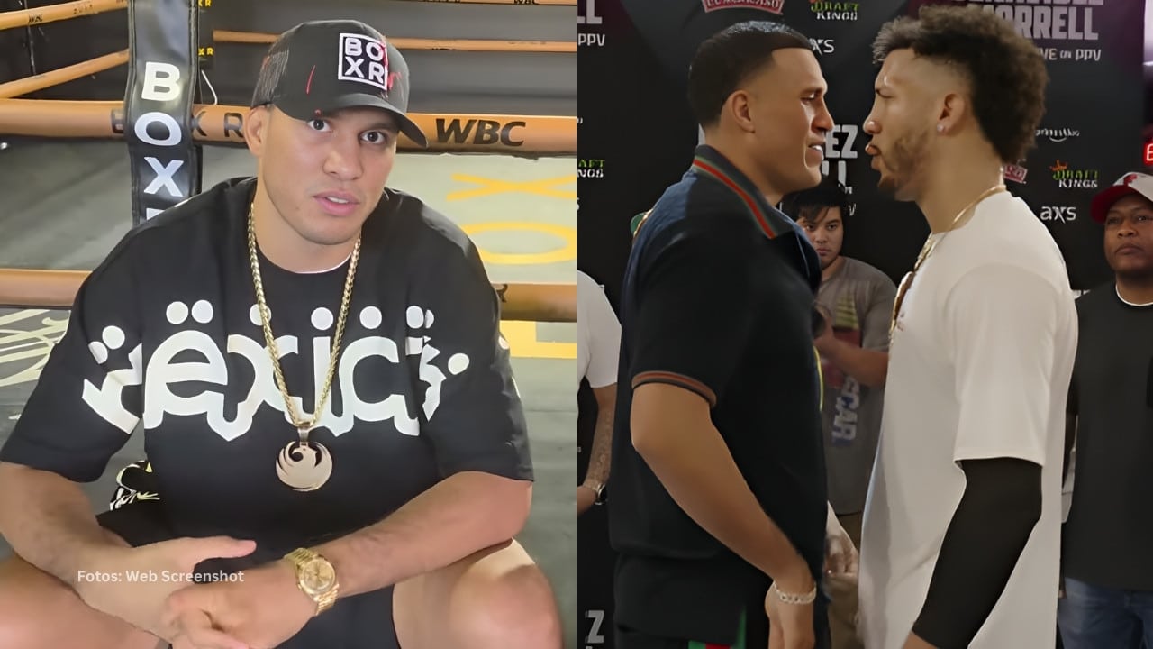 Boxeador David Benavidez en una entrevista y frente a David Morrell Jr.