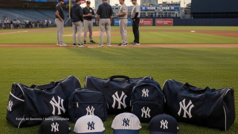 Bolsos y gorras de New York Yankees con el cuerpo técnico atras