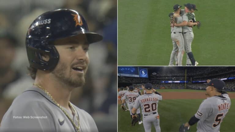 Jugadores de Detroit Tigers celebran la victoria ante Seattle Mariners