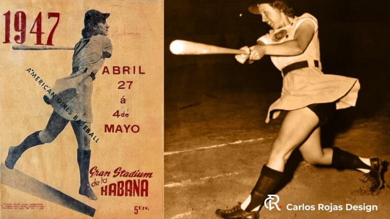 Gira de 1947 de la All-American Girls Professional Baseball League por Cuba. Diseño: Carlos Rojas.