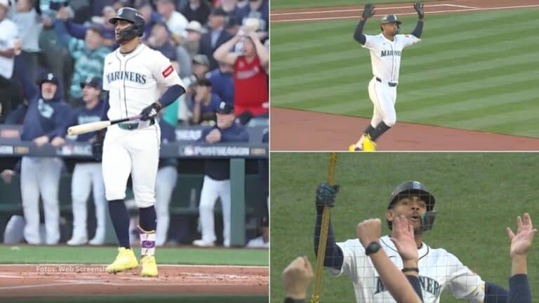 Julio Rodriguez bateando y recorriendo las bases tras jonrón con Seattle Mariners