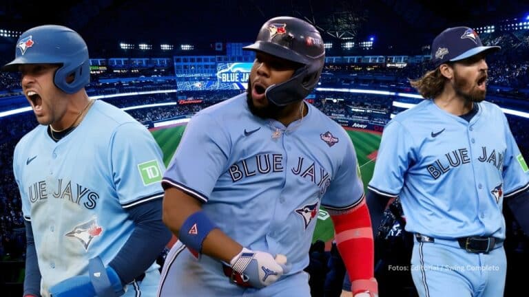 George Springer, Vladimir Guerrero Jr, y Kevin Guasman con Toronto Blue Jays