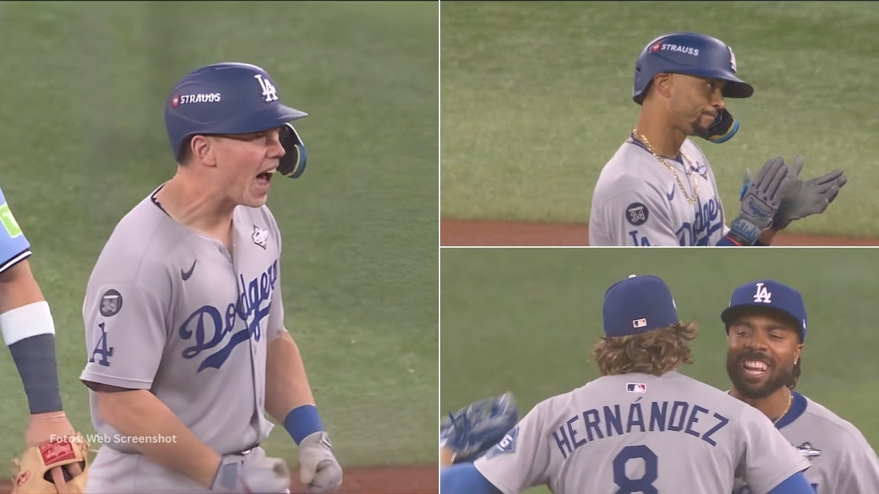 Will Smith, Mookie Bettss y Kike Hernández celebran victoria de Los Angeles Dodgers
