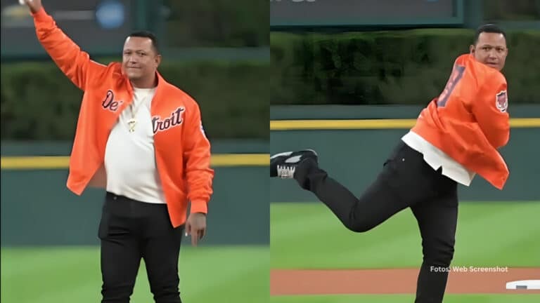 Miguel Cabrera haciendo el lanzamiento ceremonial en Comerica Park