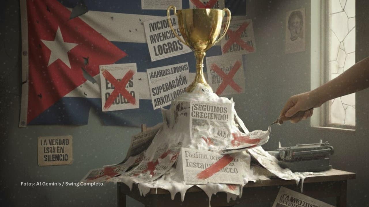 Oficina de la prensa cubana con un trofeo y varios periodicos