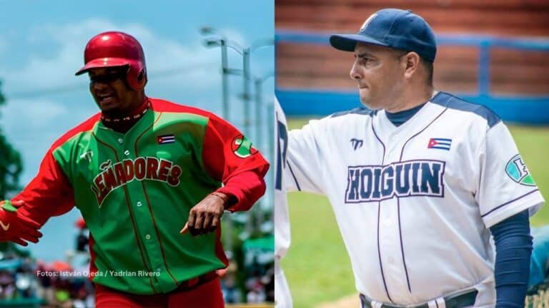Yosvani Alarcón y dirigente de Holguin en la 64 Serie Nacional del beisbol cubano