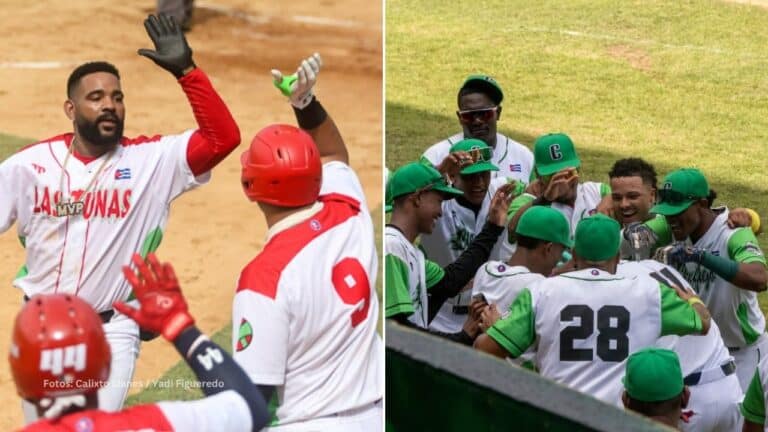 Jugadores de Las Tunas y de Cienfuegos celebrando en la Serie Nacional del Beisbol Cubano
