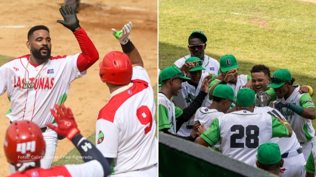 Jugadores de Las Tunas y de Cienfuegos celebrando en la Serie Nacional del Beisbol Cubano