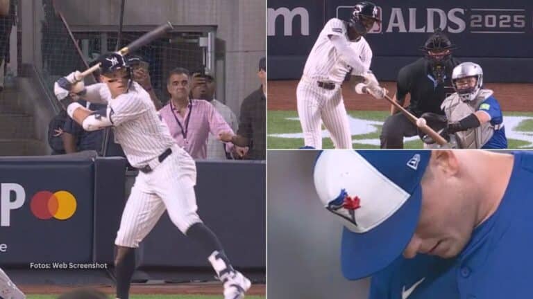 Aaron Judge y Jazz Chisholm Jr. bateando con New York Yankees y jugador de Toronto Blue Jays cabizbajo