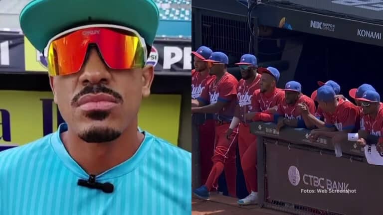 Roel Santos en una entrevista y jugadores del Equipo Cuba