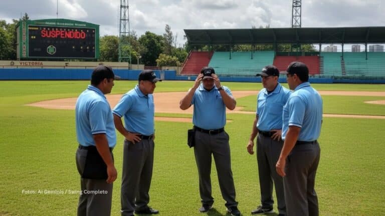 Árbitros en el estadio Julio Antonio Mella en la Serie Nacional del Beisbol Cubano