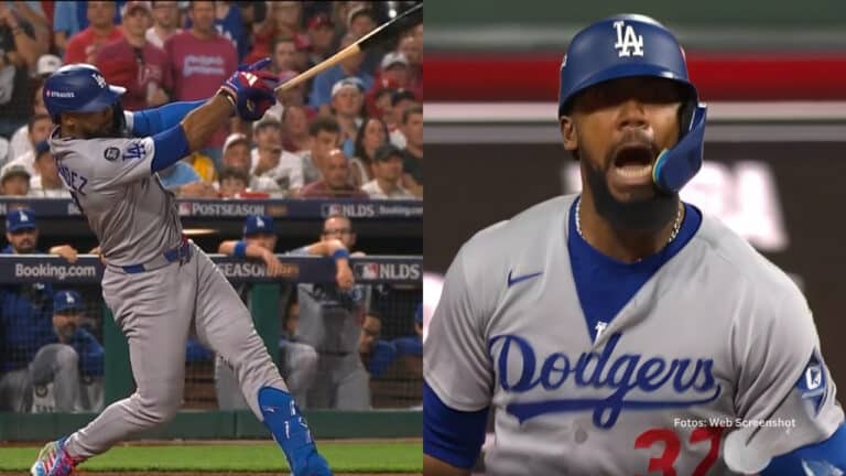 Teoscar Hernandez bateando y celebrando un jonron con Los Angeles Dodgers