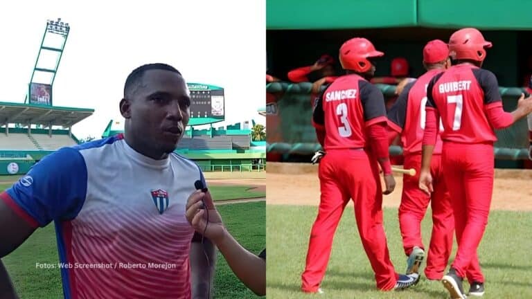 Yoelkis Guibert en una entrevista y con jugadores de Santiago