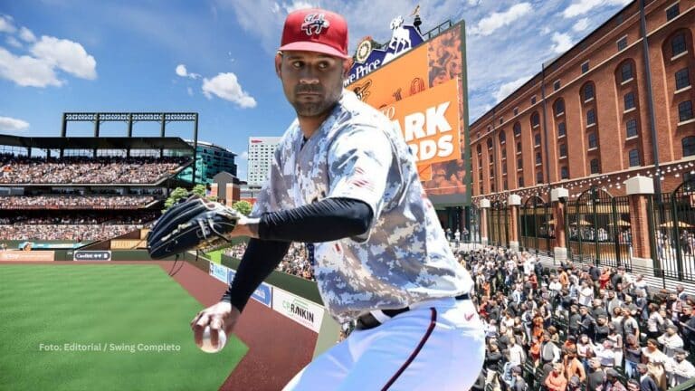 Cubano Richard Guasch y el estadio de Baltimore Orioles de fondo