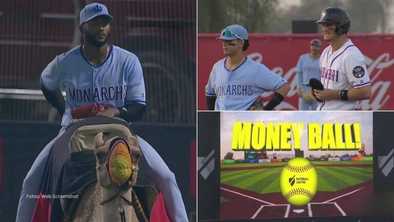 Jugadores en la liga de Baseball United y un camello