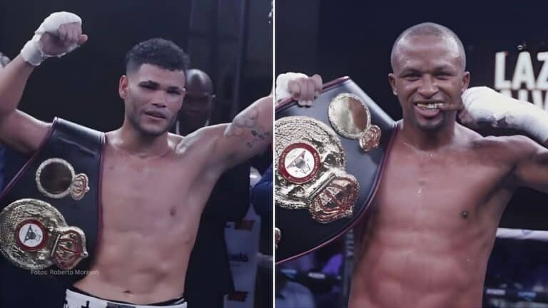 Erislandy Álvarez y Lázaro Álvarez alzando cinturones. Boxeo Cubano