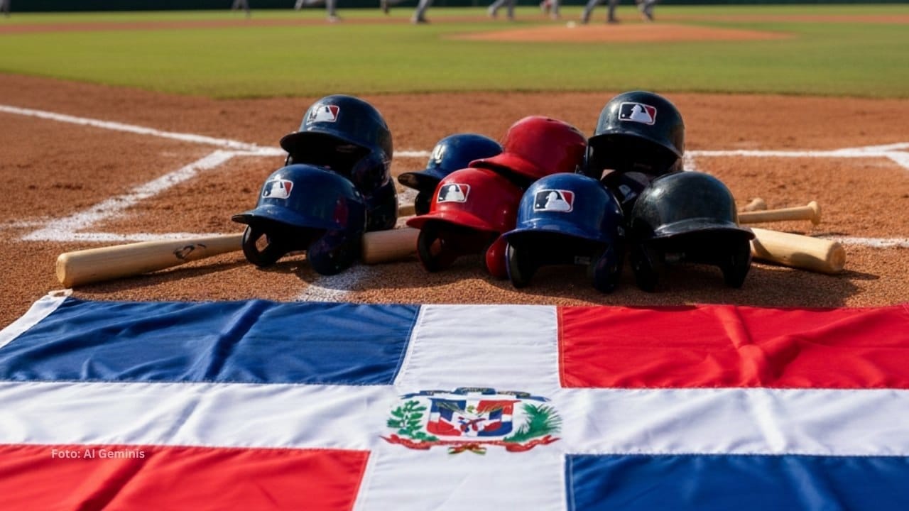 Cascos de peloteros dominicanos junto a la bandera en un terreno de juego