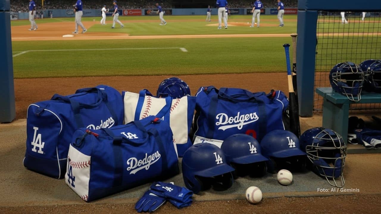 Bolsos y cascos de Los Angeles Dodgers con jugadores en el fondo