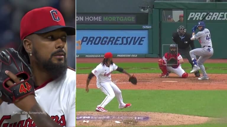 Enmanuel Clase lanzando con Cleveland Guardians y Andy Pages bateando con Los Angeles Dodgers