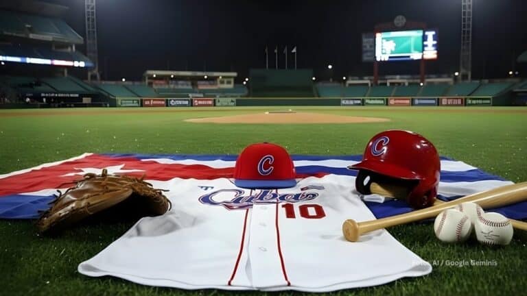 Uniforme, casco y gorra del Equipo Cuba en el terreno de juego