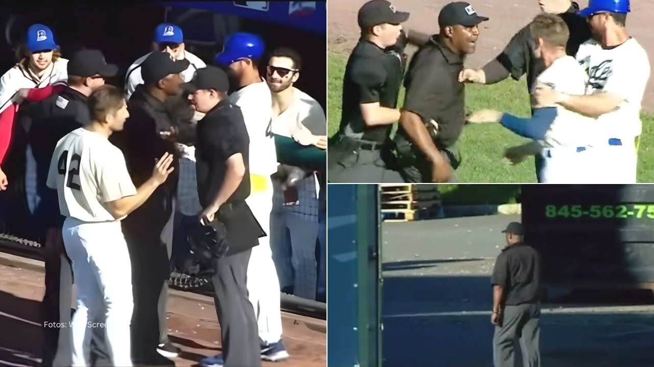 Arbitro del beisbol profesional en la Frontier League discutiendo con un jugador