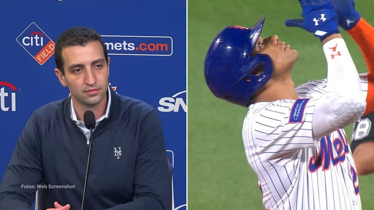 Presidente de Operaciones de New York Mets, David Stearns en una entrevista y Juan Soto en un juego