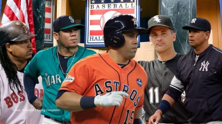 Carlos Beltran, Omar Vizquel, Alex Rodriguez, Felix Hernandez y Manny Ramirez con el fondo del Salon de la Fama