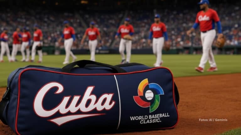 Bolso del equipo Cuba y el logo del Clásico Mundial con jugadores al fondo