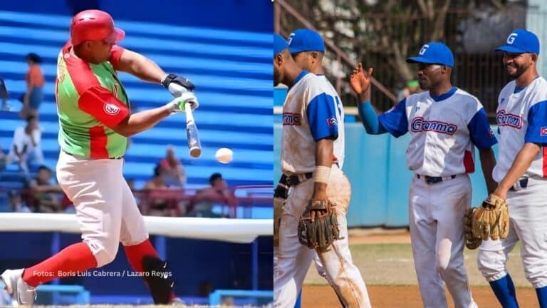 Yosvany Alarcon bateando con Las Tunas, jugadores de Granma en la 64 Serie Nacional del beisbol cubano