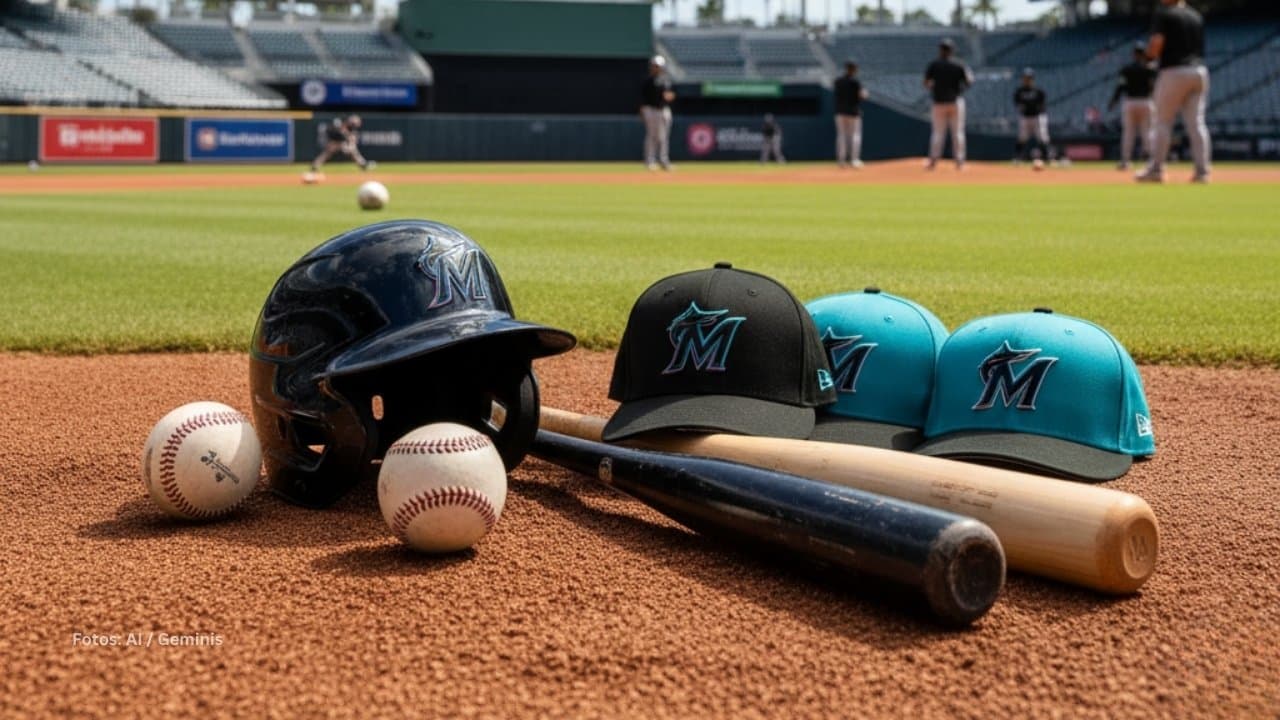 Casco y gorras de Miami Marlins con jugadores entrenando